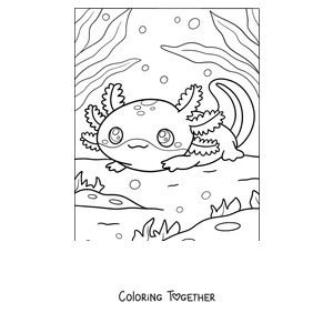 Coloring page of a baby axolotl resting on the bottom