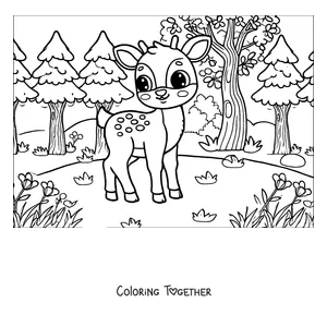 Coloring page of a spotted baby deer in the forest