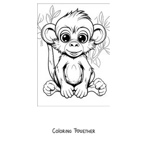 Coloring page of a baby monkey sitting among the leaves