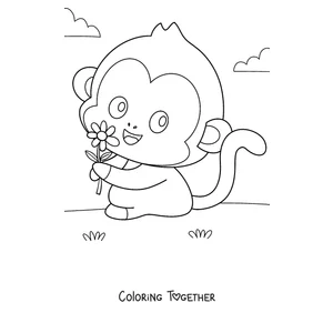 Coloring page of a baby monkey holding a flower