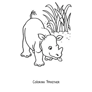 Coloring page of a baby rhino and its mom eating grass