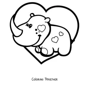 Coloring page of a baby rhino inside a heart