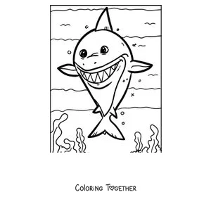 Coloring page of a baby shark with a big smile