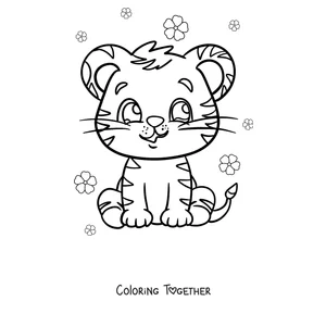Coloring page of a baby tiger sitting among flowers