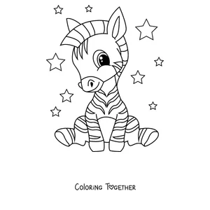 Coloring page of a baby zebra sitting among the stars