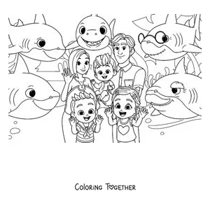 Coloring page of Bebefinn's family surrounded by the shark family
