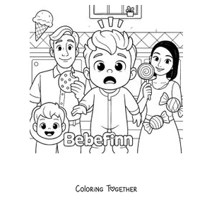 Coloring page of Bebefinn and his family with ice cream and treats