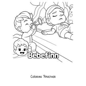 Coloring page of Bebefinn's siblings playing with a magnifying glass while Finn watches