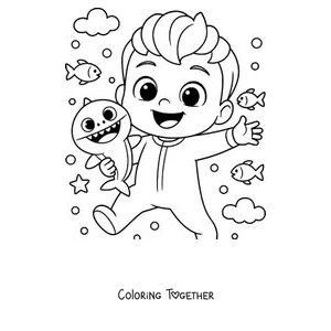 Coloring page of Bebefinn swimming among fish and a baby shark