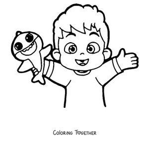Coloring page of Bebefinn waving with a baby shark toy