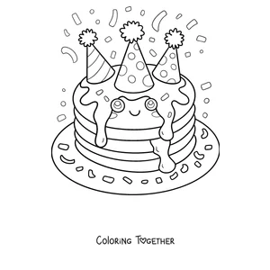 Coloring page of birthday pancakes with party hats and confetti