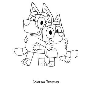 Coloring page of Bluey and Bingo hugging