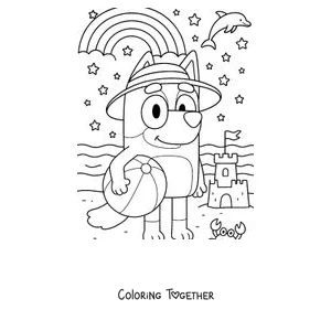 Coloring page of Bluey at the beach with a ball
