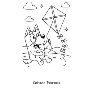 Coloring page of Bluey flying a kite