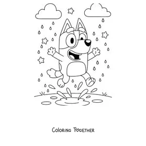 Coloring page of Bluey jumping in a puddle in the rain