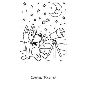 Coloring page of Bluey looking at the sky with a telescope