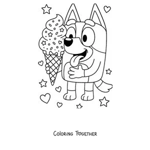 Coloring page of Bluey enjoying an ice cream