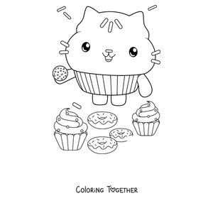 Coloring page of Cakey Cat with cupcakes and donuts