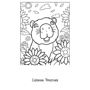 Coloring page of a capybara among sunflowers