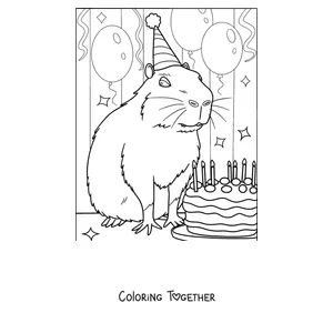 Coloring page of a capybara blowing out its birthday cake candles