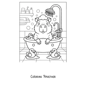 Coloring page of a capybara in a bubble bath with rubber duckies