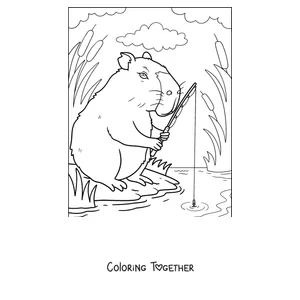 Coloring page of a capybara fishing by the river