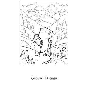 Coloring page of a capybara hiking with a backpack in the mountains