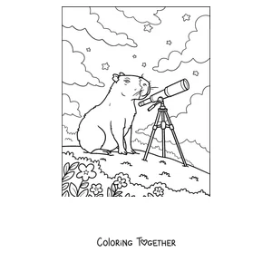 Coloring page of a capybara stargazing with a telescope