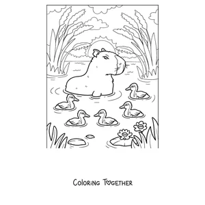 Coloring page of a capybara swimming with ducklings
