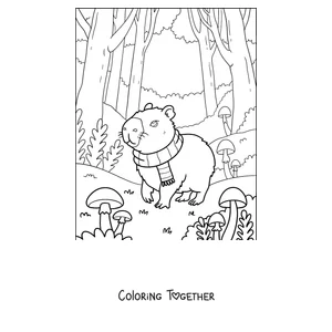 Coloring page of a capybara with a scarf walking through the autumn forest