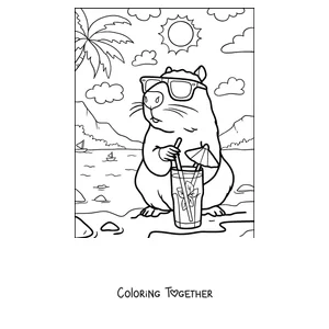 Coloring page of a capybara with sunglasses drinking lemonade