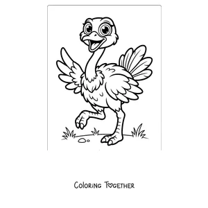 Coloring page of a cartoon ostrich with its wings open