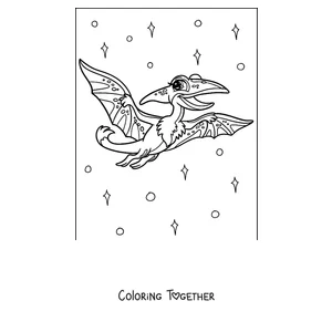 Coloring page of a cartoon pterodactyl flying among stars