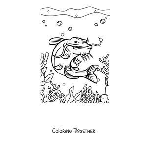 Coloring page of a catfish among coral on the sea floor