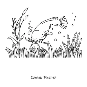 Coloring page of a catfish swimming among reeds