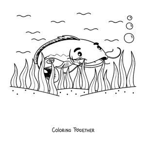 Coloring page of a catfish swimming among the weeds