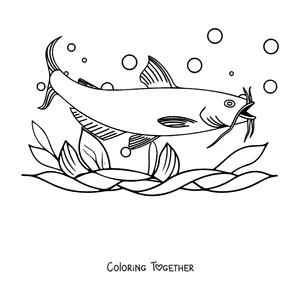 Coloring page of a big-finned catfish among bubbles