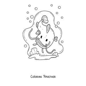 Coloring page of a cute catfish swimming among bubbles