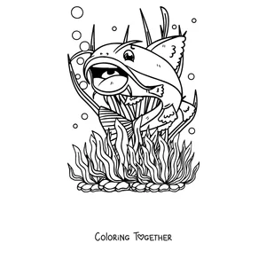 Coloring page of a catfish with its mouth wide open