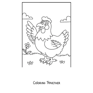 Coloring page of a cheerful cartoon hen waving its wing