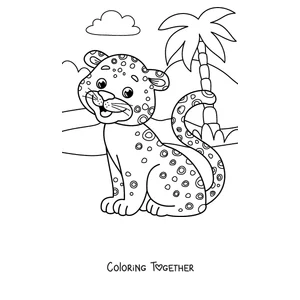 Coloring page of a cheetah cub next to a palm tree
