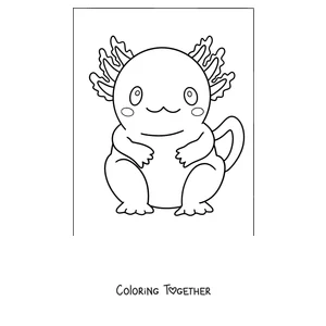 Coloring page of a chubby axolotl sitting and smiling
