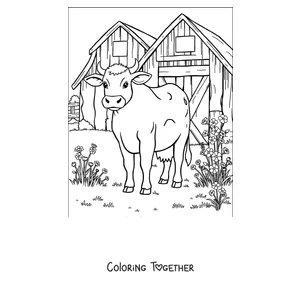 Coloring page of cow in front of the barn