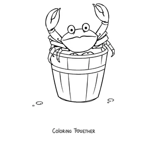 Coloring page of a crab climbing out of a beach bucket