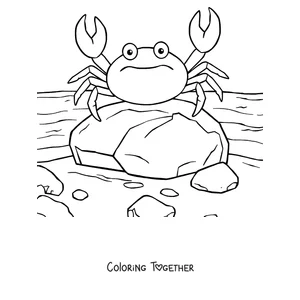 Coloring page of a crab on a rock by the shore