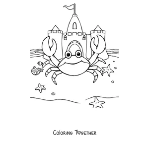Coloring page of a crab on the beach next to a sandcastle