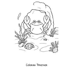 Coloring page of a crab on the ocean floor among seaweed and shells