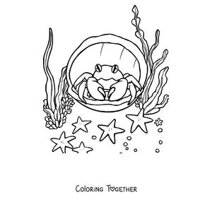 Coloring page of a crab peeking out of a seashell