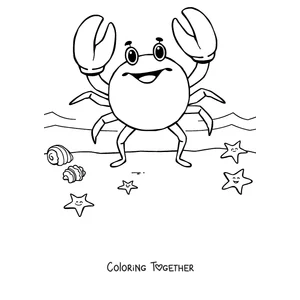 Coloring page of a smiling crab standing among starfish