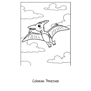Coloring page of a cute pterodactyl flying
